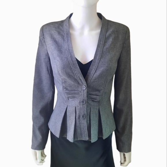 WORTHINGTON Tucked Front Collarless Pleated Peplum Micro Stripe Jacket Sz 6 Grey - Picture 2 of 9